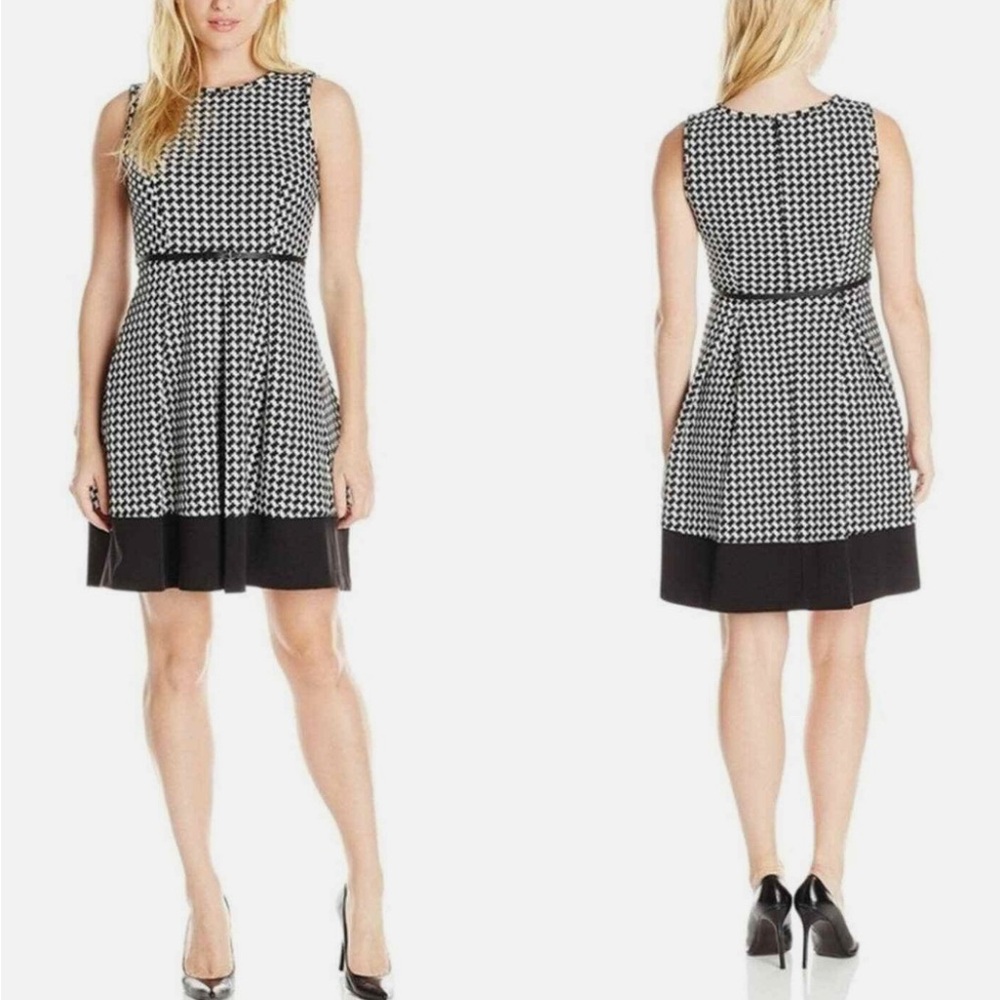 Calvin Klein Black and White Pleated Midi Dress
